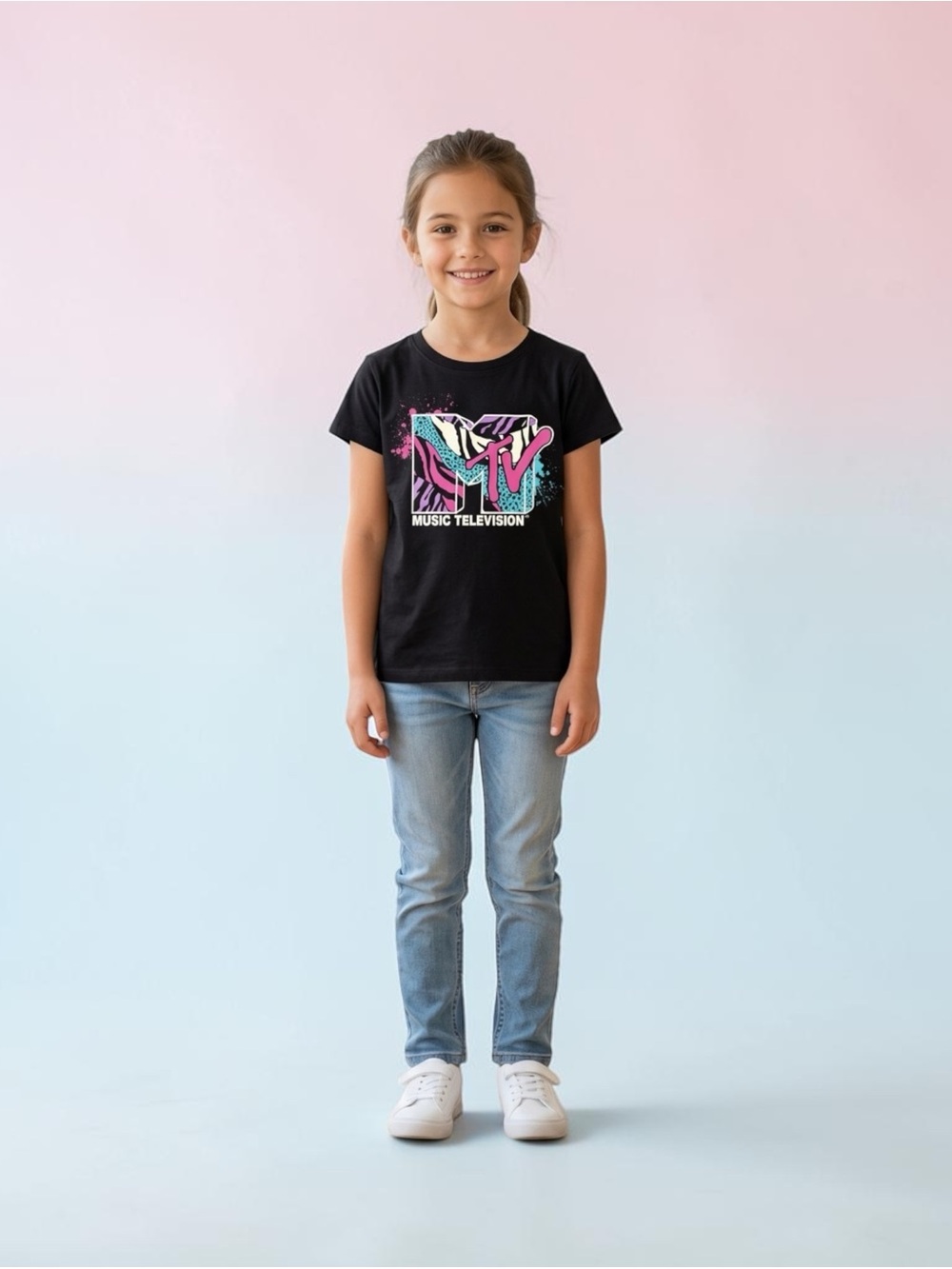 MTV Girls Black Tee with Pink, Teal & Purple Logo